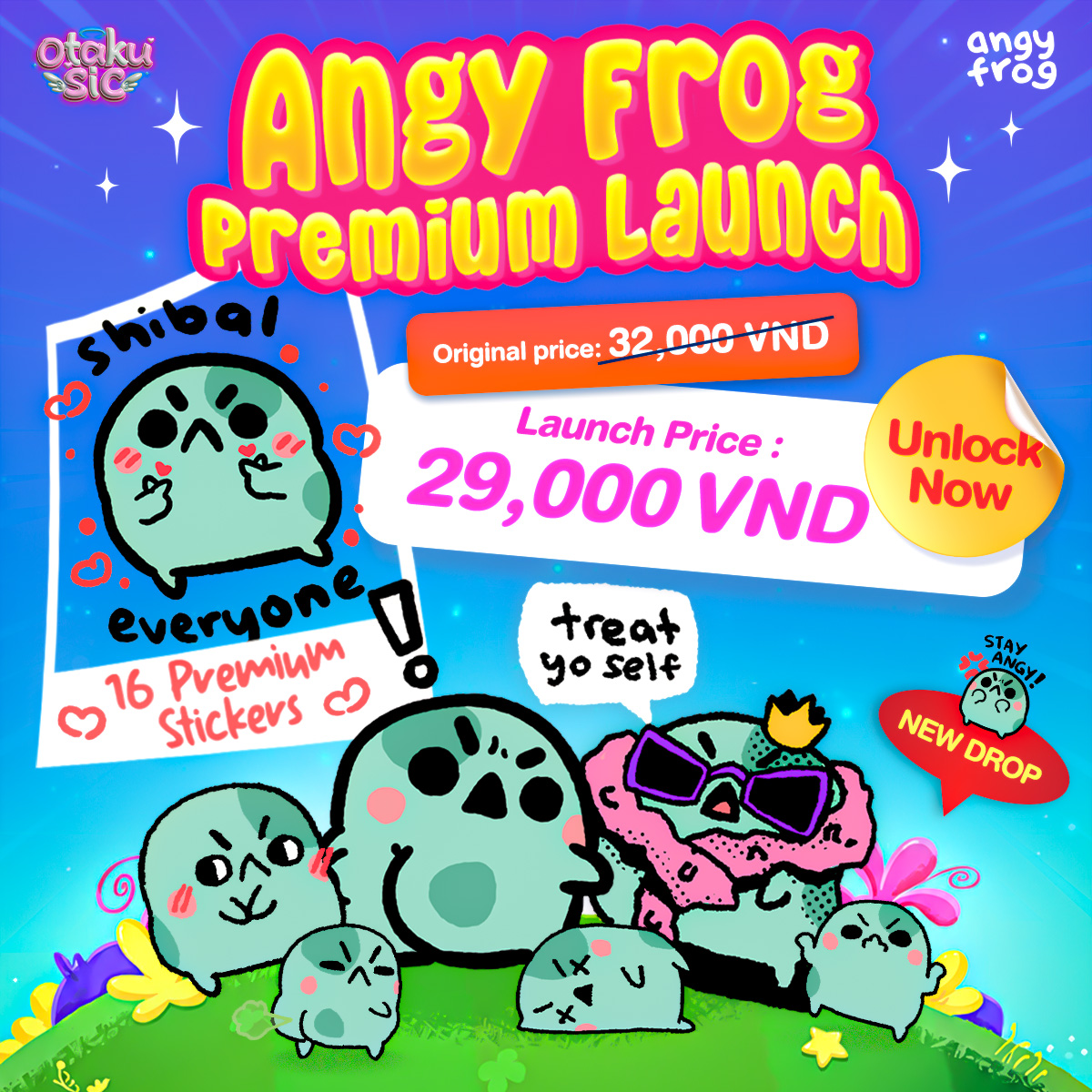 Angy Frog Sang Chảnh — 16 sticker premium, giá ra mắt 29.000đ